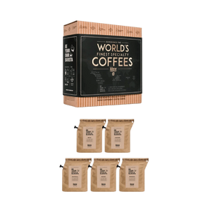 Kavos dovanų rinkinys Coffeebrewer World's Finest Specialty Coffees, THE BREW COMPANY dovanų dėžė su 5 pakeliais kavos pavaizduoti, bonboni kavos rinkinių pasirinkimas
