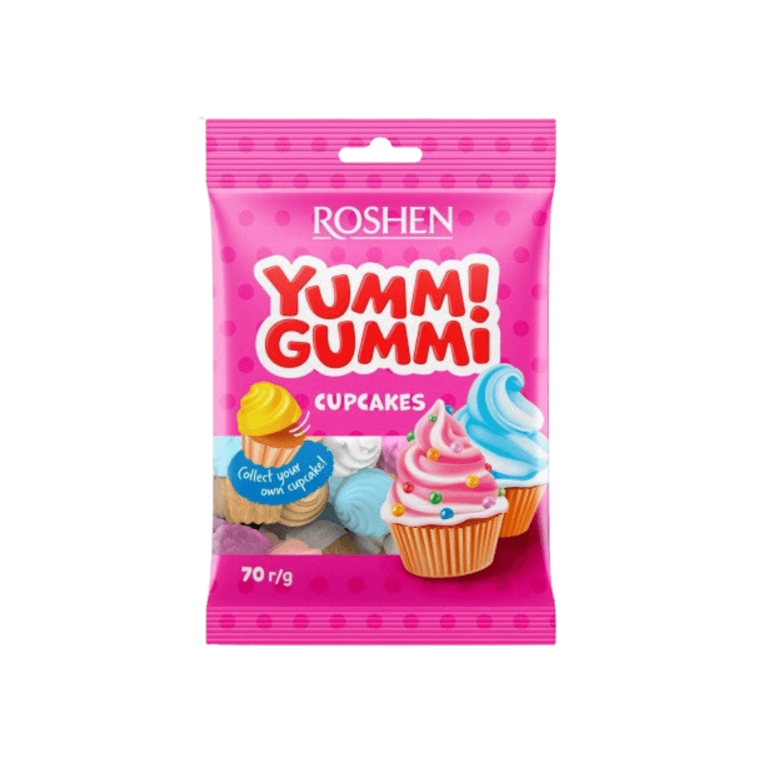 Roshen „Yummi Gummi Cupcakes“ – želiniai saldainiai keksiukų formos, 70 g pakuotė.
