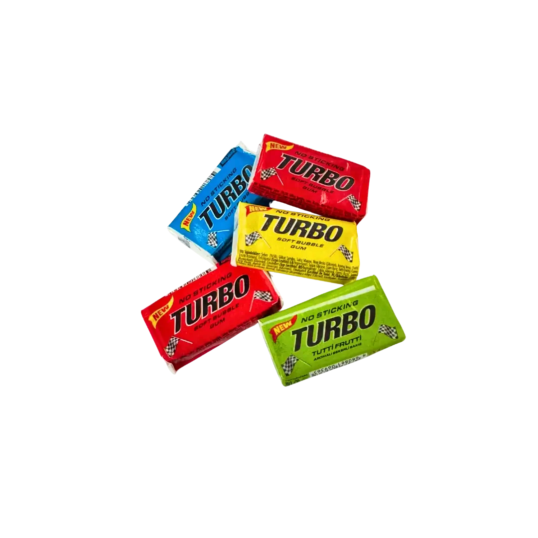 Kramtomoji guma TURBO, penkios skirtingų spalvų gumos, bonboni