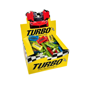 Kramtomoji guma TURBO, geltona atidaryta dėžutė, bonboni