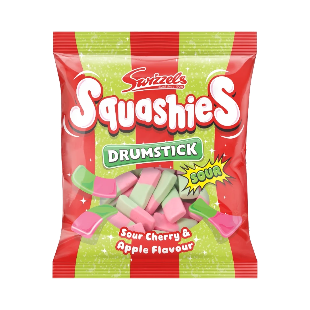 Kramtomi saldainiai rūgščių vyšnių ir obuolių skonio SQUASHIES DRUMSTICK, 120 g