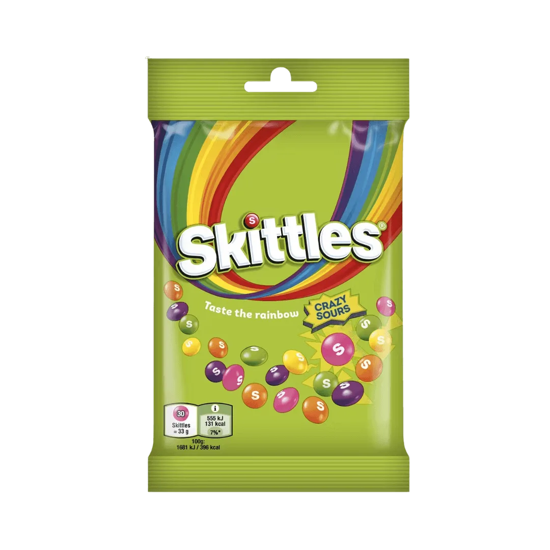 „Skittles Crazy Sours“ – rūgštūs vaisių skonio kramtomieji saldainiai, 95 g pakuotė, tinkami veganams.