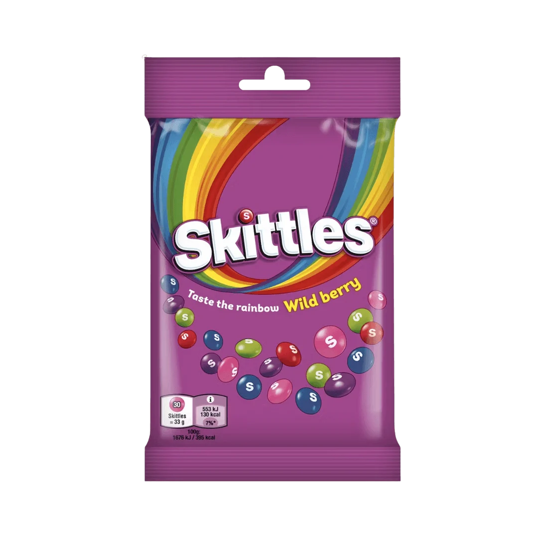 „Skittles Wild Berry“ – laukinių uogų skonio kramtomieji saldainiai, 95 g pakuotė, tinkami veganams