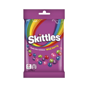 „Skittles Wild Berry“ – laukinių uogų skonio kramtomieji saldainiai, 95 g pakuotė, tinkami veganams