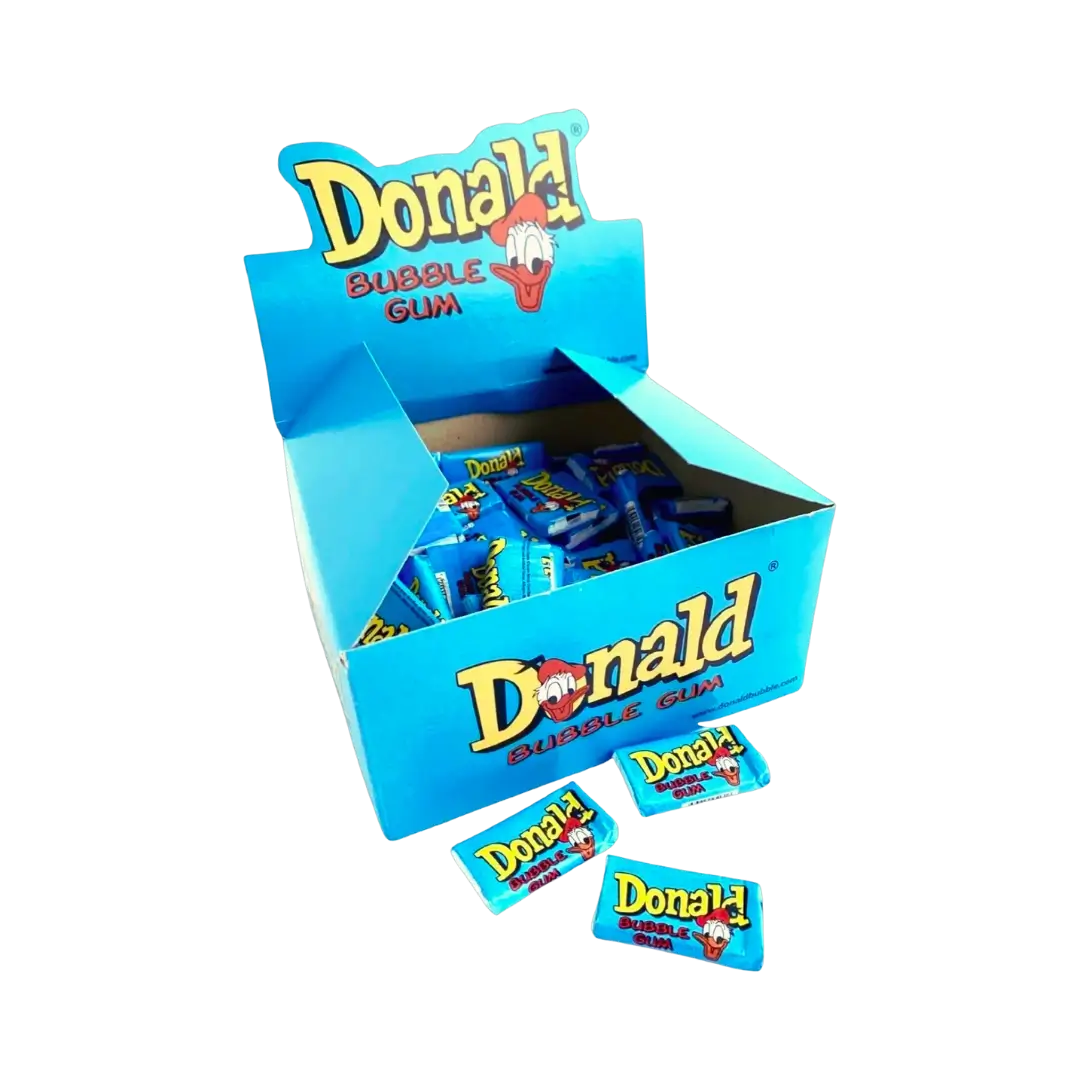 Kramtomoji guma Donald mėlyna dėžutė atidaryta, tutti frutti skonio, 450 g, Bonboni kramtoma guma