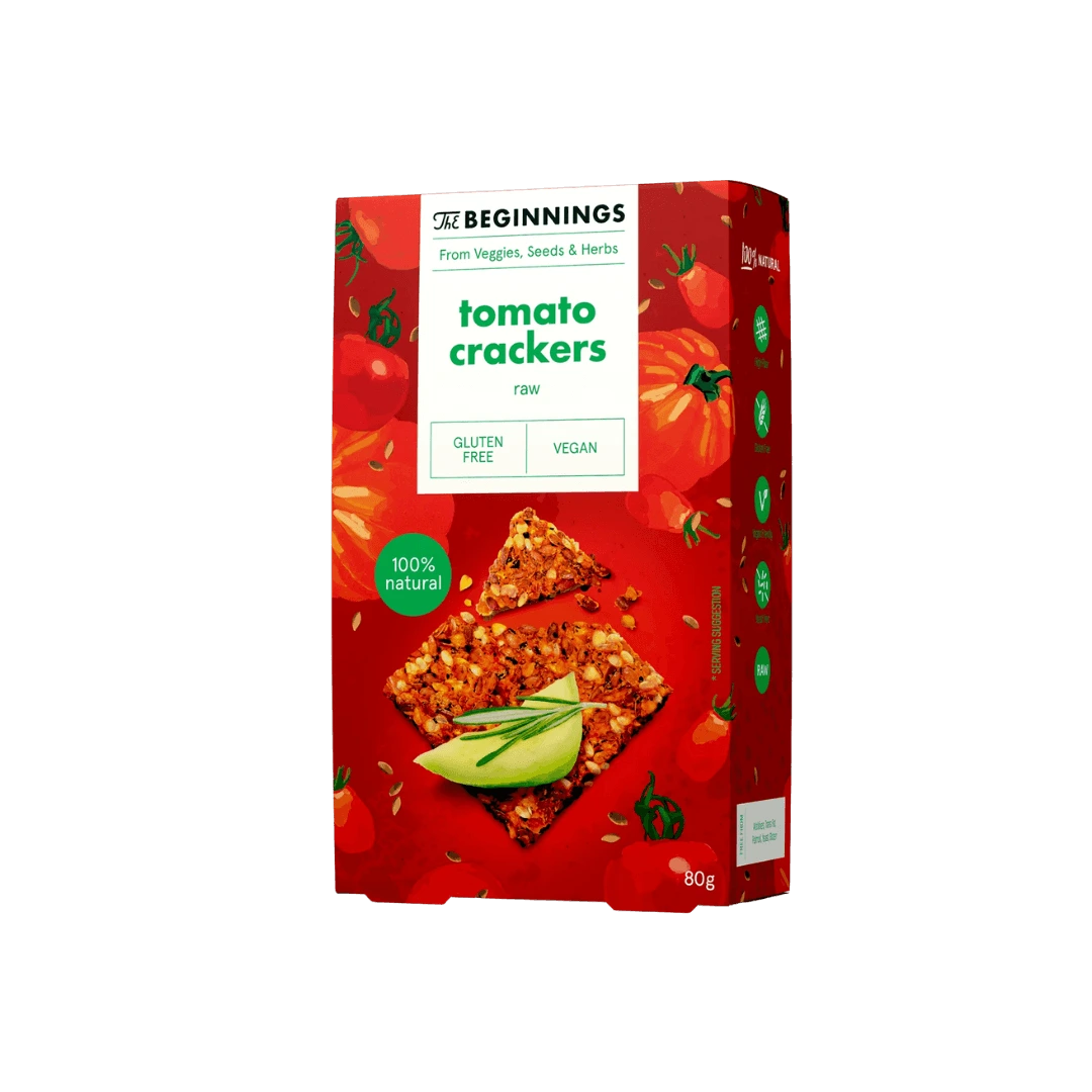 Krekeriai su pomidorais, linų sėmenimis ir daržovėmis, 80 g.