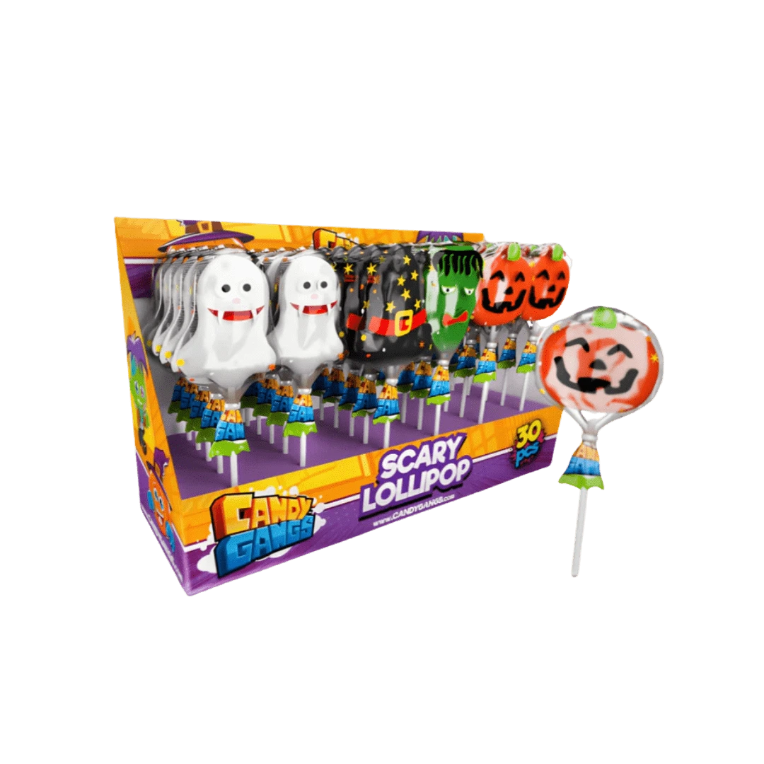 Candy Gangs „Scary Lollipops“ – 15 g vaisinis Helovino ledinukas, spalvingas ir žaismingas saldainis vaikams.