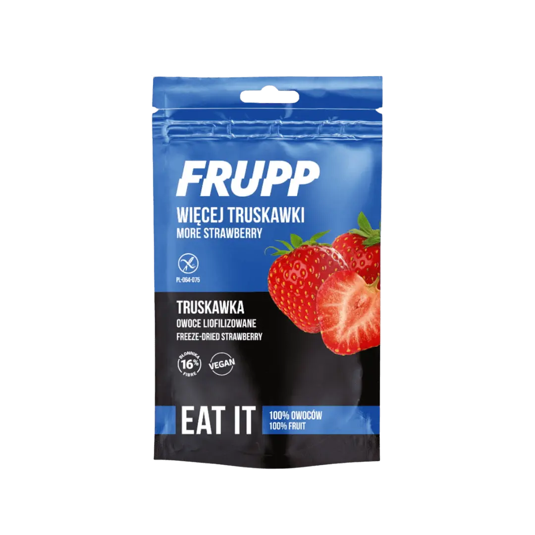 „FRUPP“ liofilizuotos braškės griežinėliais, 13 g pakuotė, be glitimo, tinka veganams