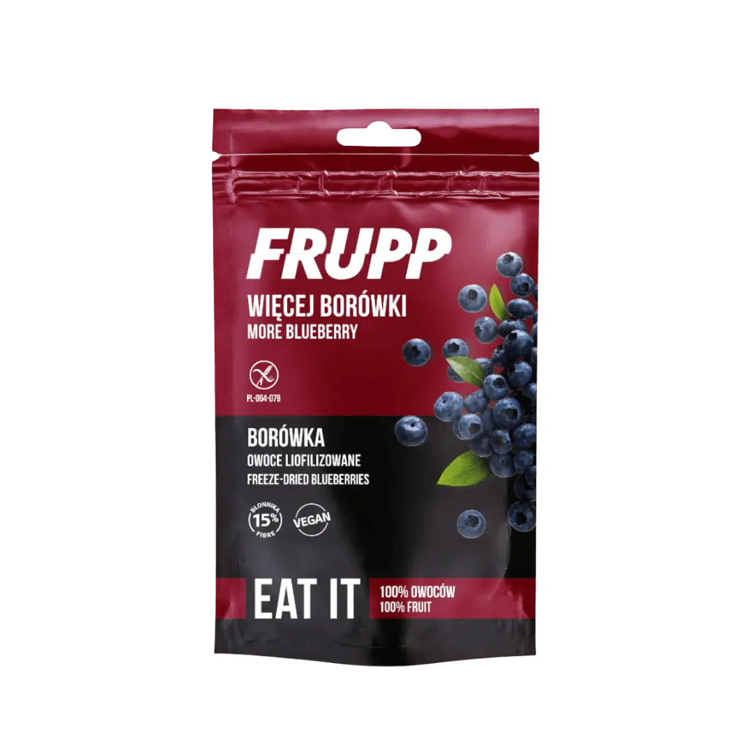 „FRUPP“ liofilizuotos mėlynės, 15 g pakuotė, be glitimo, tinka veganams.