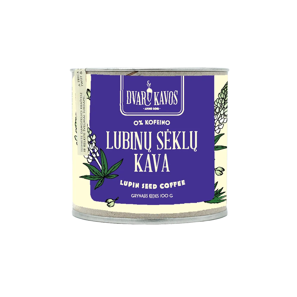 „Lubinų kava“ – ekologiška, bekofeinė tamsiai skrudintų lubinų sėklų kava, įkvėpta Europos kulinarinių tradicijų.
