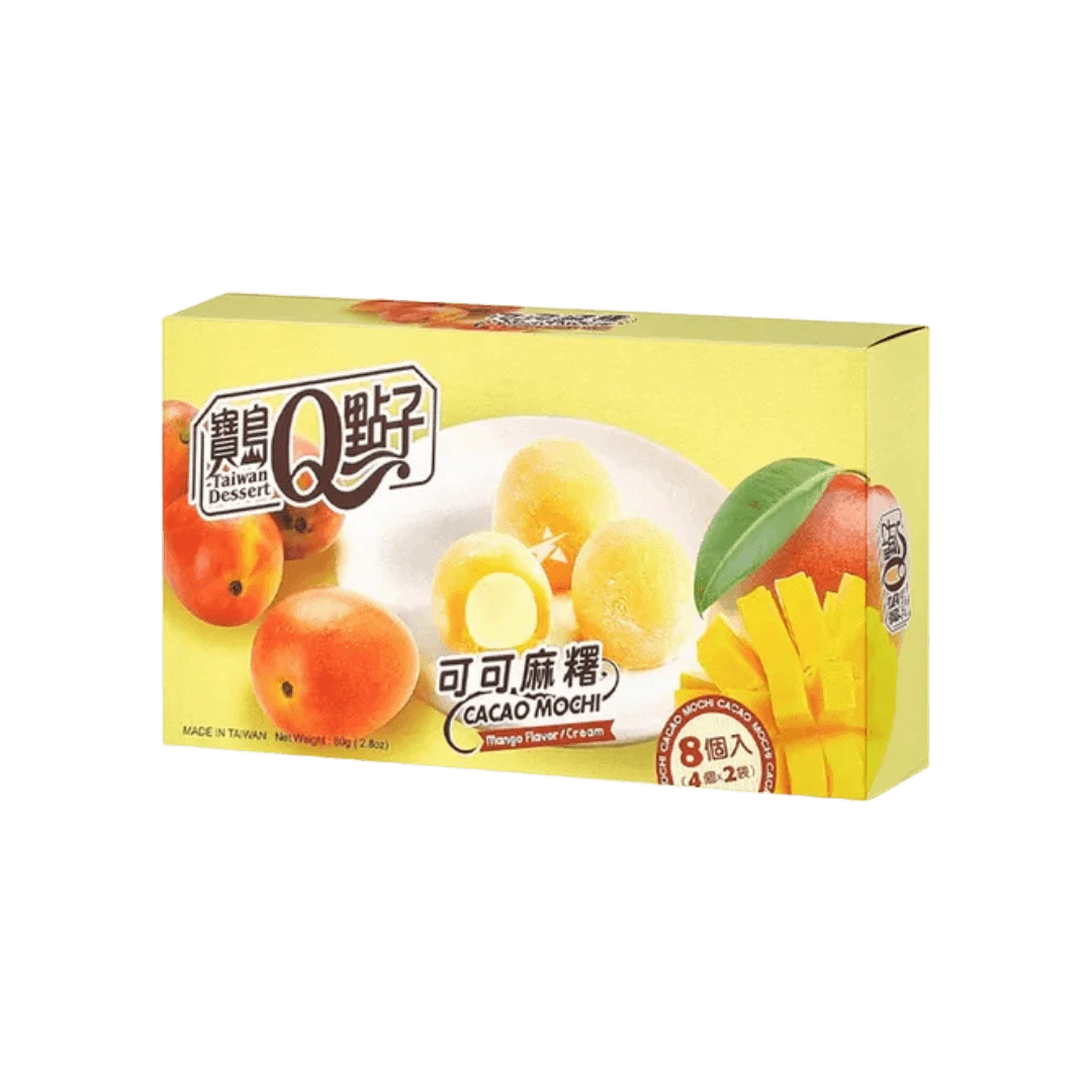 „Q-BRAND Cacao Mochi Mango“ – mangų skonio moči pyragėliai, 80 g pakuotė.