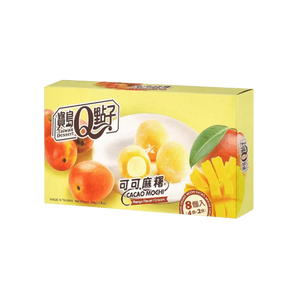 „Q-BRAND Cacao Mochi Mango“ – mangų skonio moči pyragėliai, 80 g pakuotė.