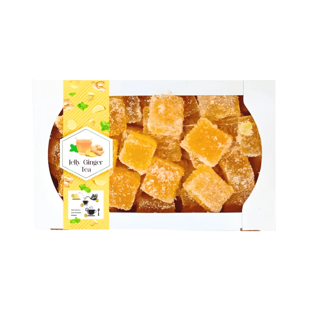 Jelly Ginger Tea imbieriniai marmeladiniai saldainiai, 400 g, tinkami užpilti vandeniu ir ruošti imbierų arbatą.