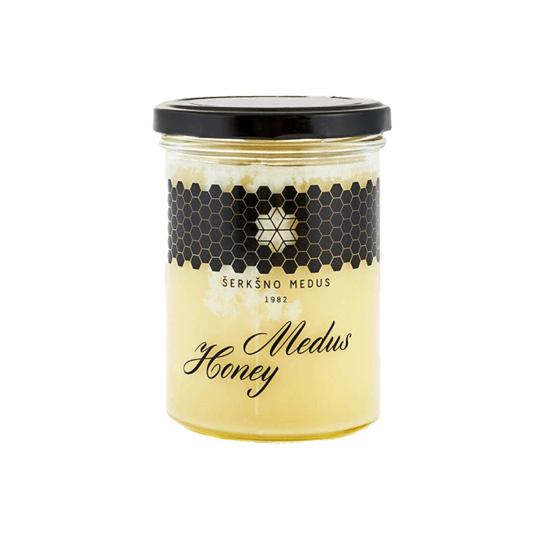 Pienių žiedų medus, lietuviškas pavasarinis medus, 500 g stiklainis, ryškiai geltonos spalvos.