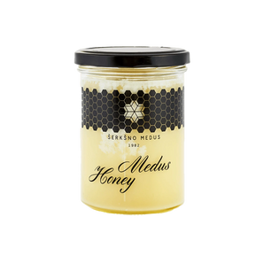 Pienių žiedų medus, lietuviškas pavasarinis medus, 500 g stiklainis, ryškiai geltonos spalvos.