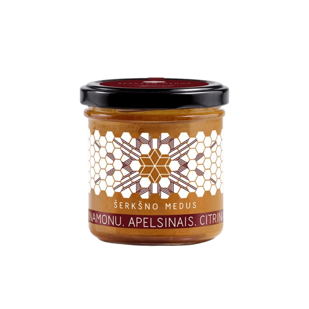 Medus su cinamonu, apelsinais ir citrina, 200 g stiklainis, natūralus lietuviškas produktas