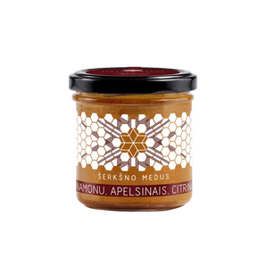 Medus su cinamonu, apelsinais ir citrina, 200 g stiklainis, natūralus lietuviškas produktas