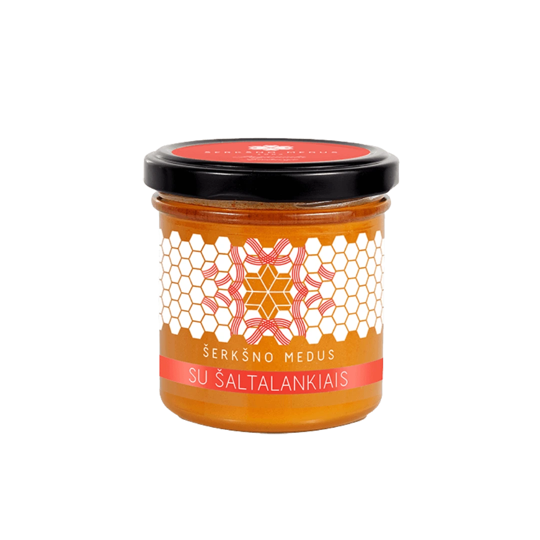 Medus su šaltalankiais, 200 g stiklainis, saldžiarūgščio skonio, lietuviškas produktas.