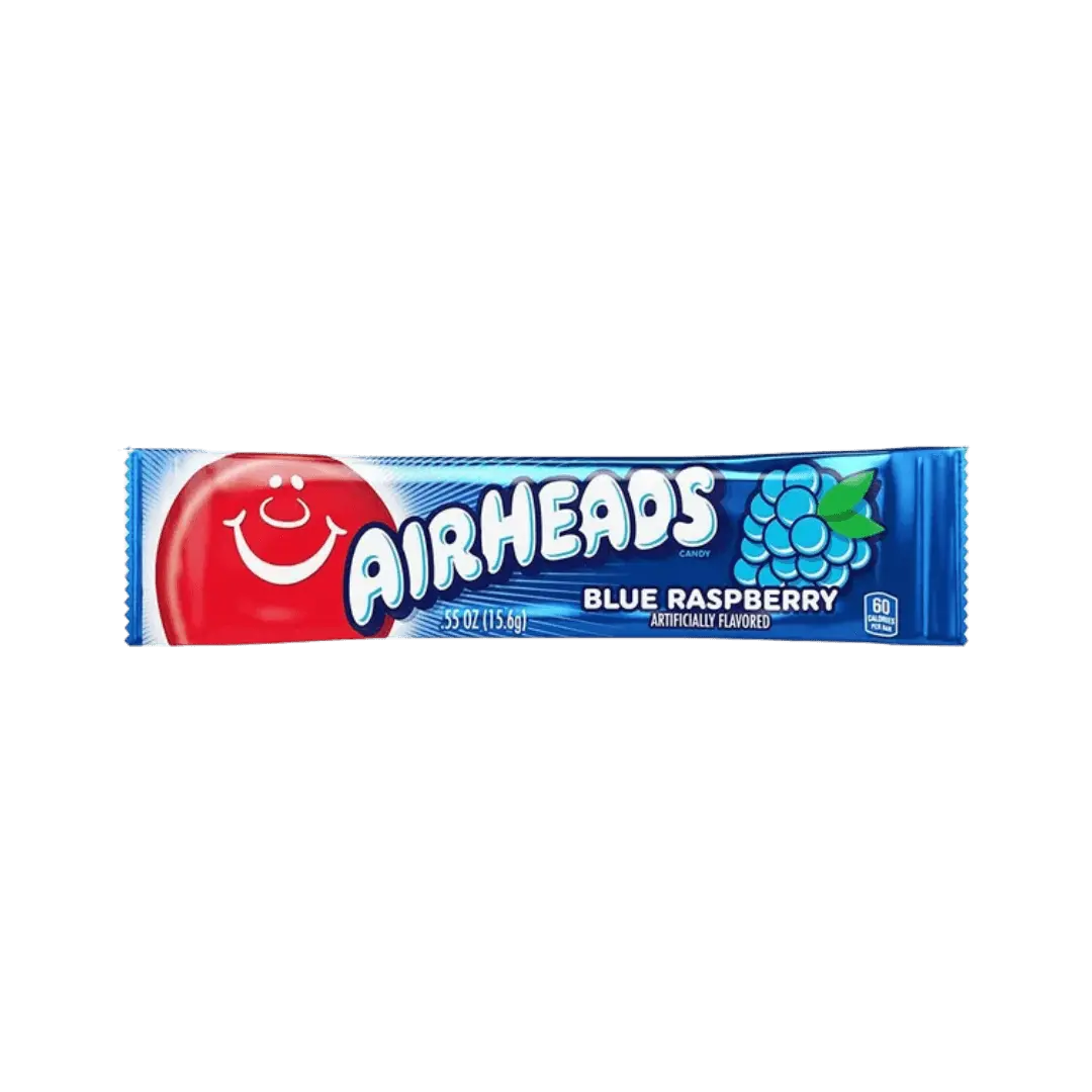 „Airheads Blue Raspberry“ – mėlynųjų aviečių skonio kramtomas saldainis, 15,6 g pakuotė.