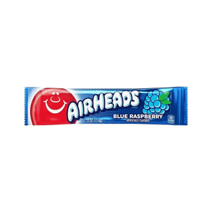 „Airheads Blue Raspberry“ – mėlynųjų aviečių skonio kramtomas saldainis, 15,6 g pakuotė.