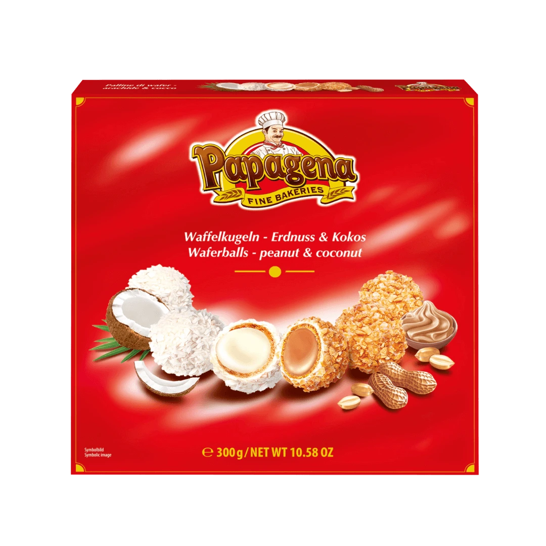 Papagena kokosų ir žemės riešutų vafliniai rutuliukai 300 g pakuotėje.