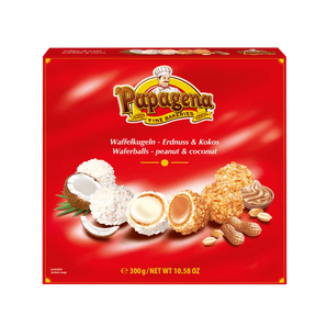 Papagena kokosų ir žemės riešutų vafliniai rutuliukai 300 g pakuotėje.