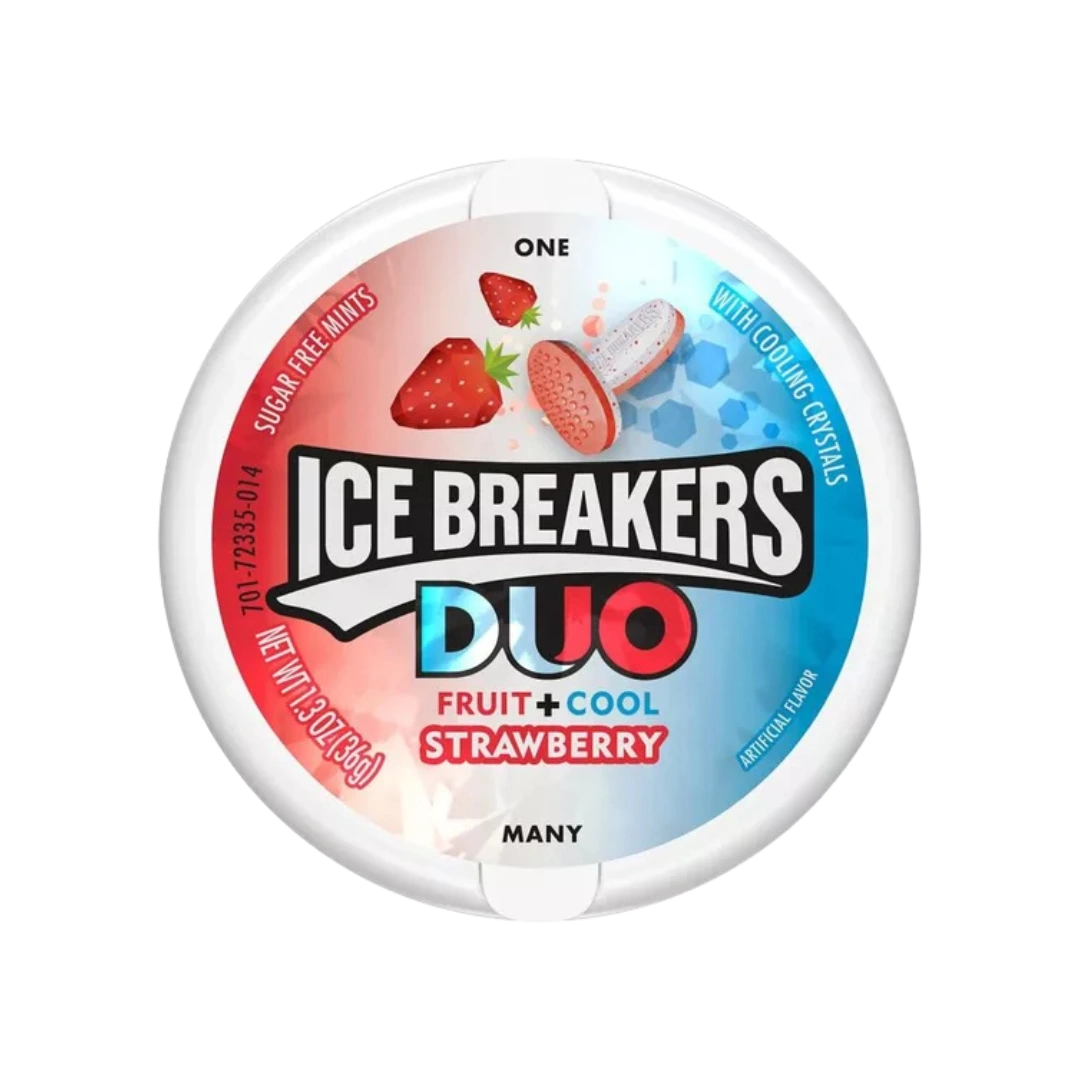 ICE BREAKERS DUO braškių skonio pastilės 36 g dėžutėje.