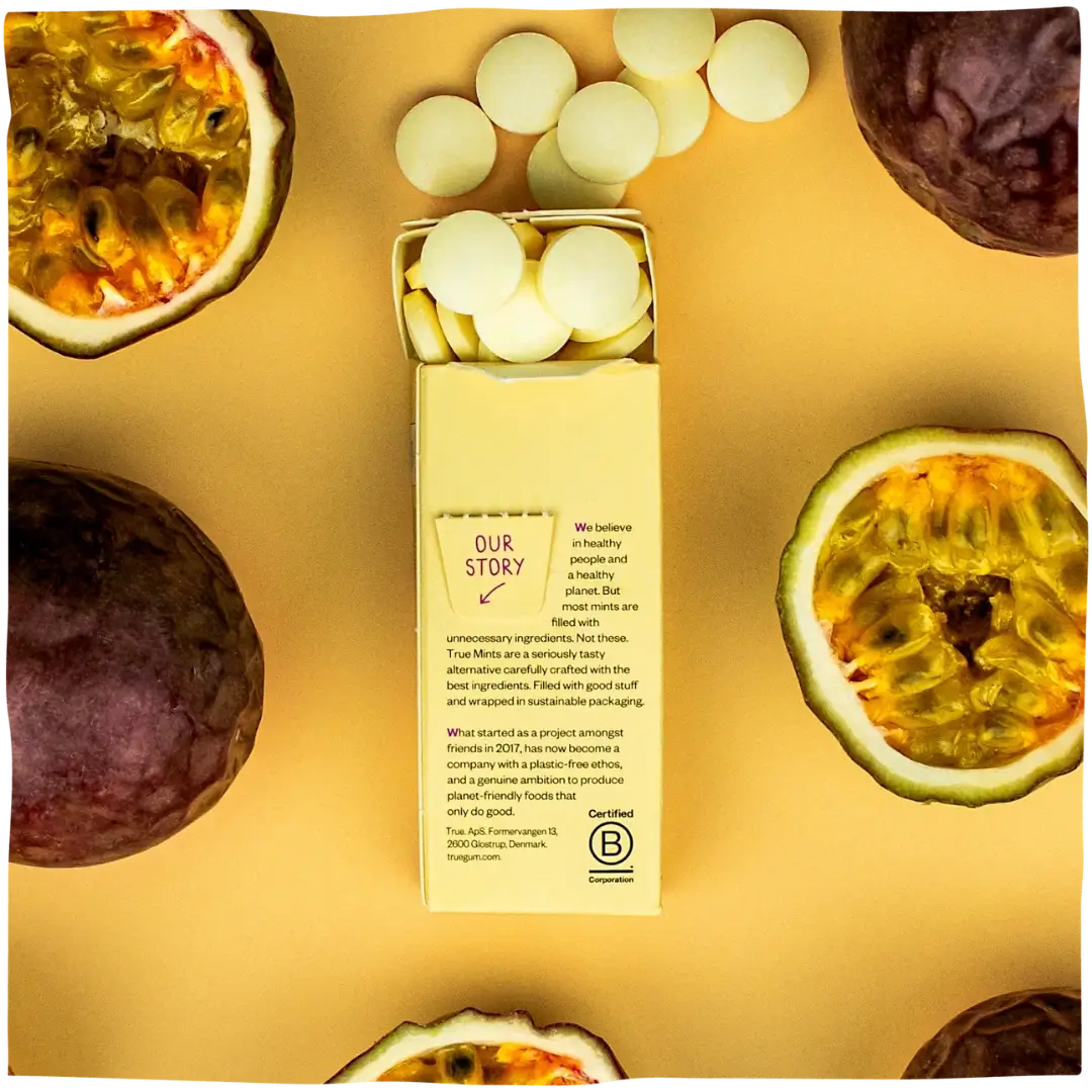 Pastilės be cukruas su pasiflorais, True Mints, pakelio nugarėlė