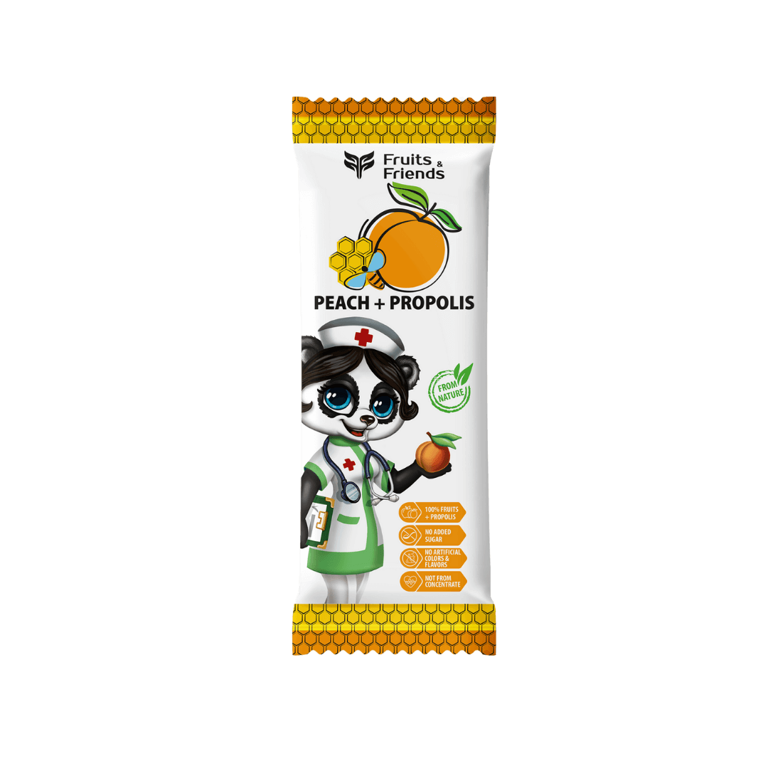 100 % vaisių užkandis Persikas + Propolis – natūralus obuolių, persikų ir propolio skanėstas, 16 g