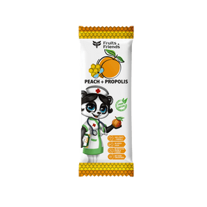 100 % vaisių užkandis Persikas + Propolis – natūralus obuolių, persikų ir propolio skanėstas, 16 g
