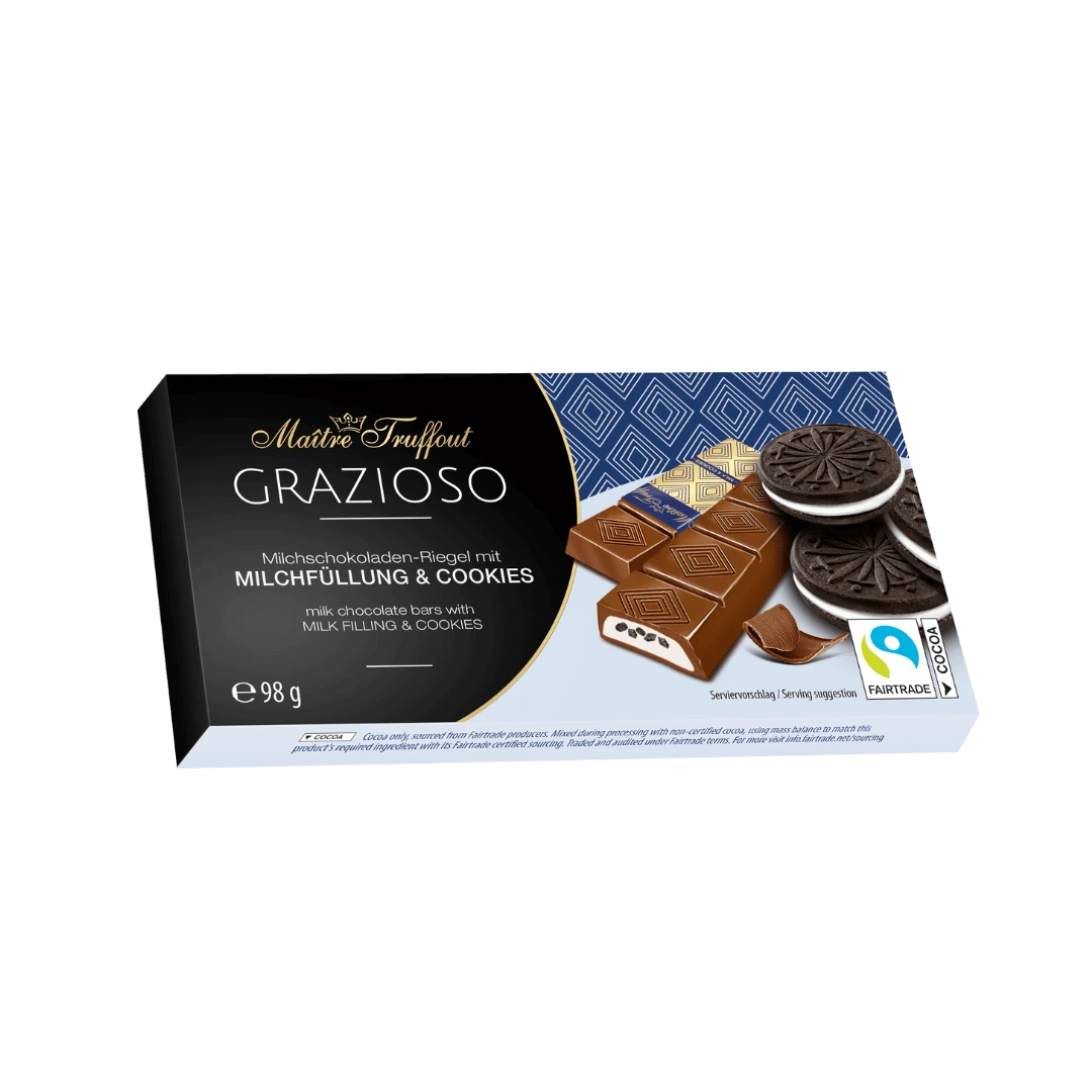 Pieninis šokoladas „Grazioso“ su pienišku kremu ir kakavos sausainių gabaliukais, 98 g.