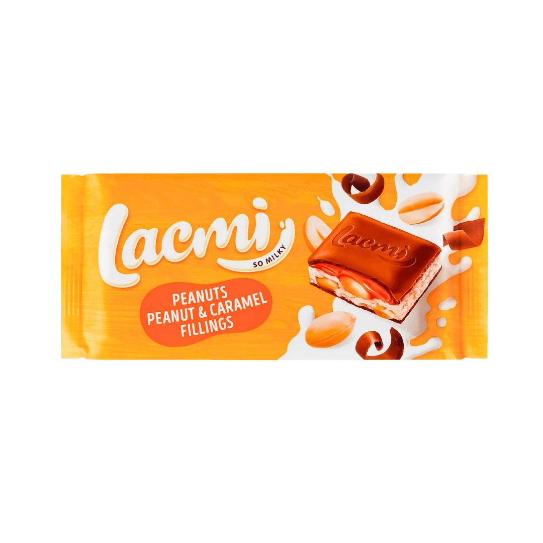 Pieninis šokoladas „Roshen Lacmi Peanuts &amp; Caramel Fillings“, 90 g.