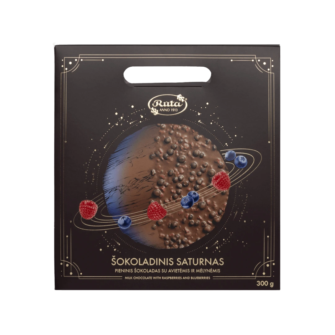 „Šokoladinis Saturnas“ – pieninis šokoladas su džiovintomis mėlynėmis ir avietėmis, 300 g, apvali kosmoso tematikos pakuotė su aukso detalėmis.