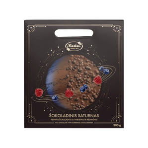„Šokoladinis Saturnas“ – pieninis šokoladas su džiovintomis mėlynėmis ir avietėmis, 300 g, apvali kosmoso tematikos pakuotė su aukso detalėmis.