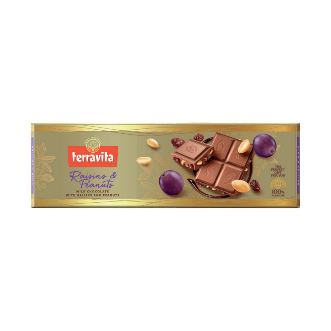 Pieniškas šokoladas „Terravita“ su razinomis ir žemės riešutais, 225 g pakuotė.
