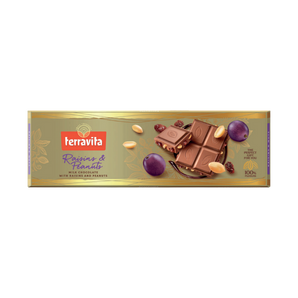 Pieniškas šokoladas „Terravita“ su razinomis ir žemės riešutais, 225 g pakuotė.