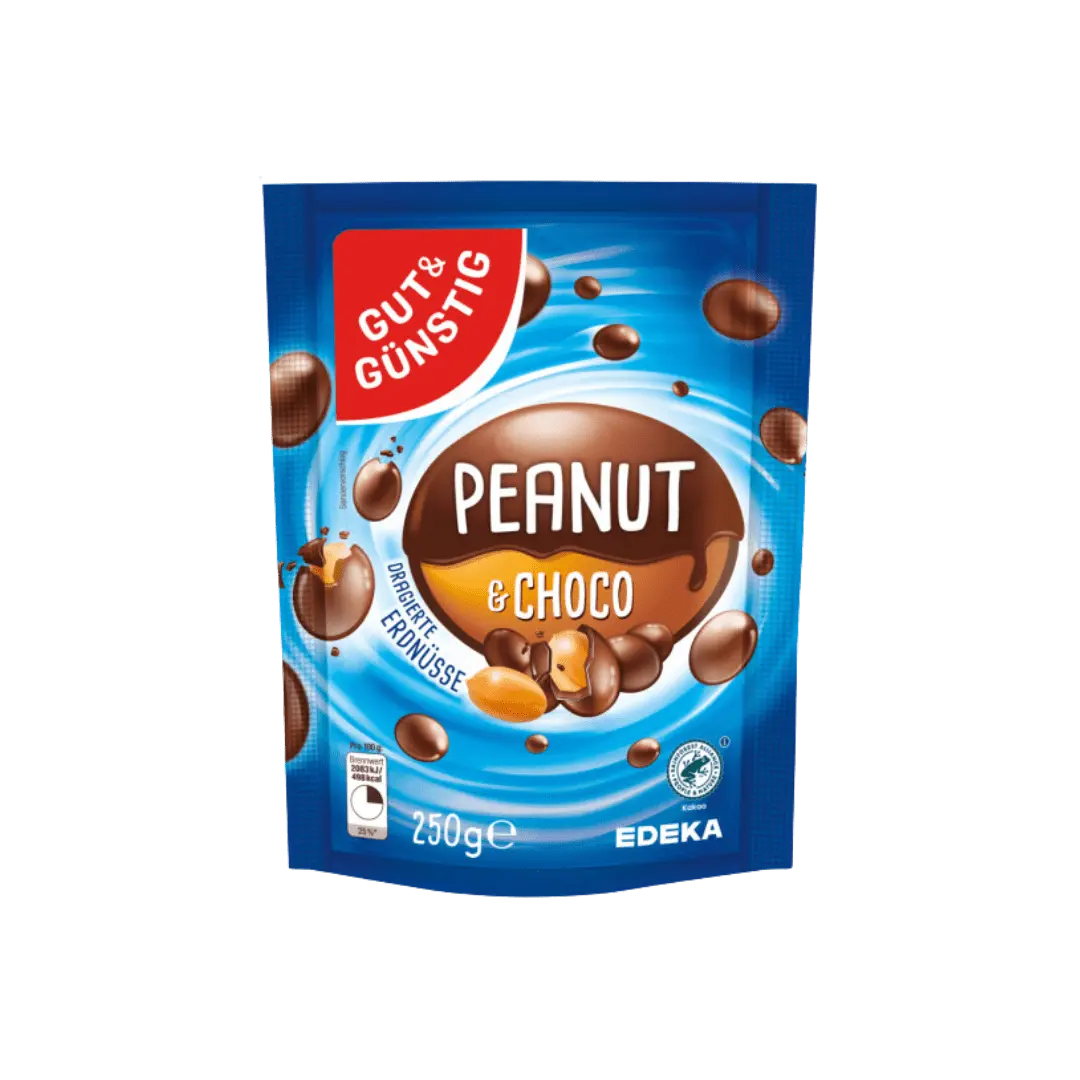 Pienišku šokoladu dengti žemės riešutai, 250 g pakuotė, EDEKA prekės ženklas.