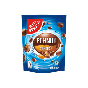 Pienišku šokoladu dengti žemės riešutai, 250 g pakuotė, EDEKA prekės ženklas.