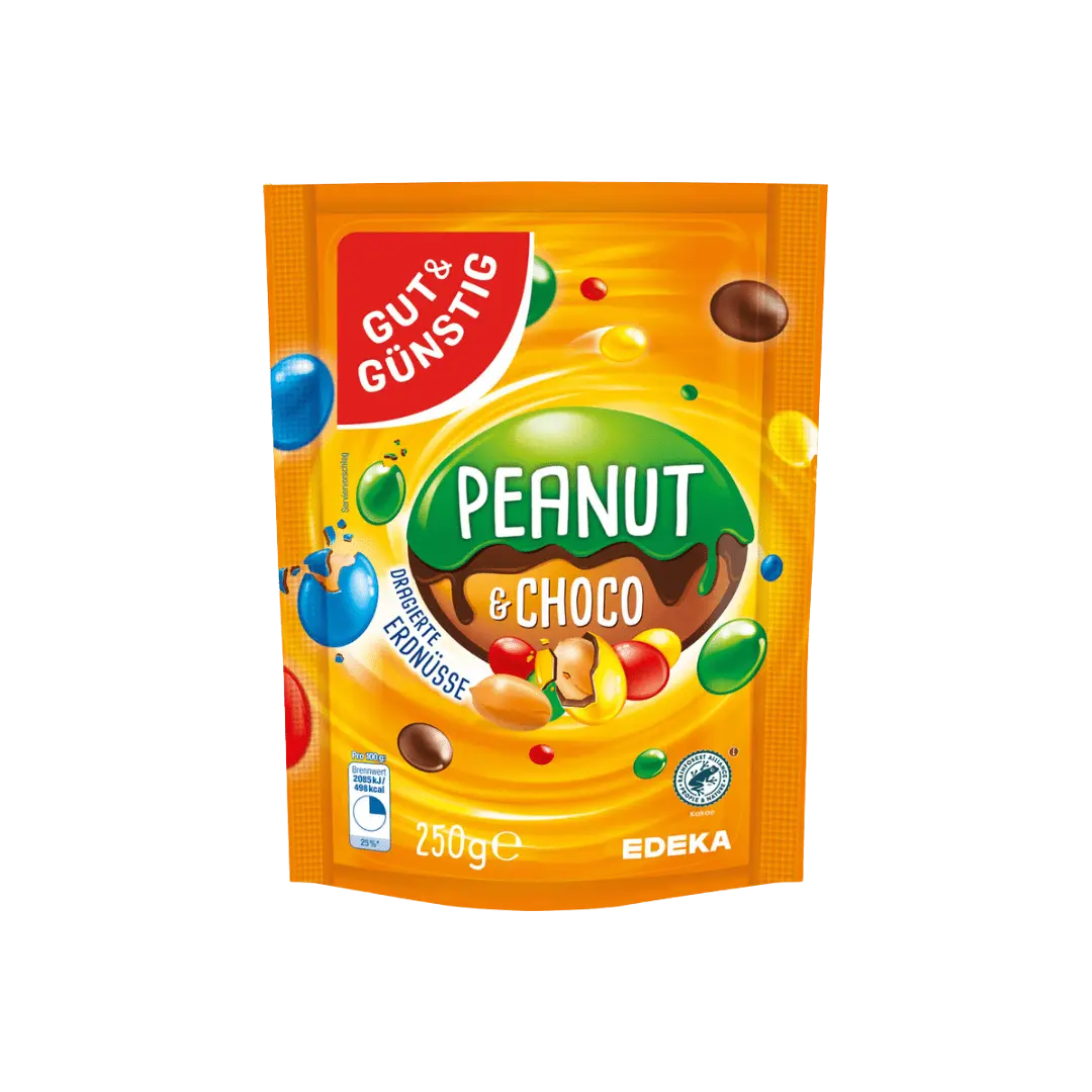 „Peanut & Choco“ – pienišku šokoladu dengti žemės riešutai spalvingoje dražėje, 250 g pakuotė, Edeka prekės ženklas.