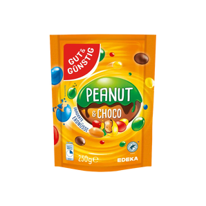 „Peanut & Choco“ – pienišku šokoladu dengti žemės riešutai spalvingoje dražėje, 250 g pakuotė, Edeka prekės ženklas.