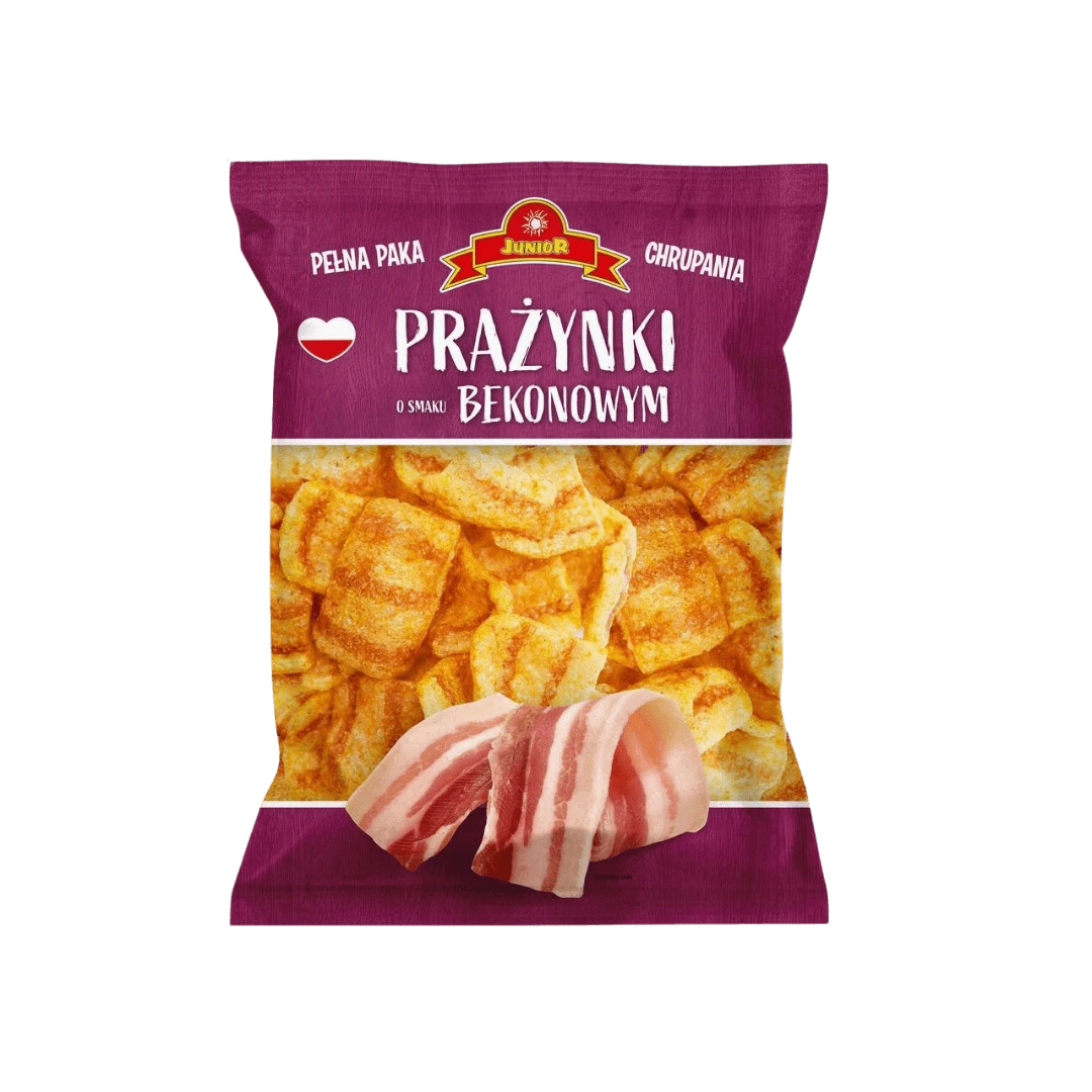 Prazynki Junior traškučiai su bekono skoniu, 120 g pakuotė.