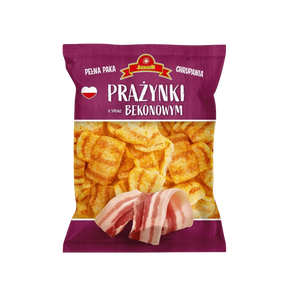 Prazynki Junior traškučiai su bekono skoniu, 120 g pakuotė.