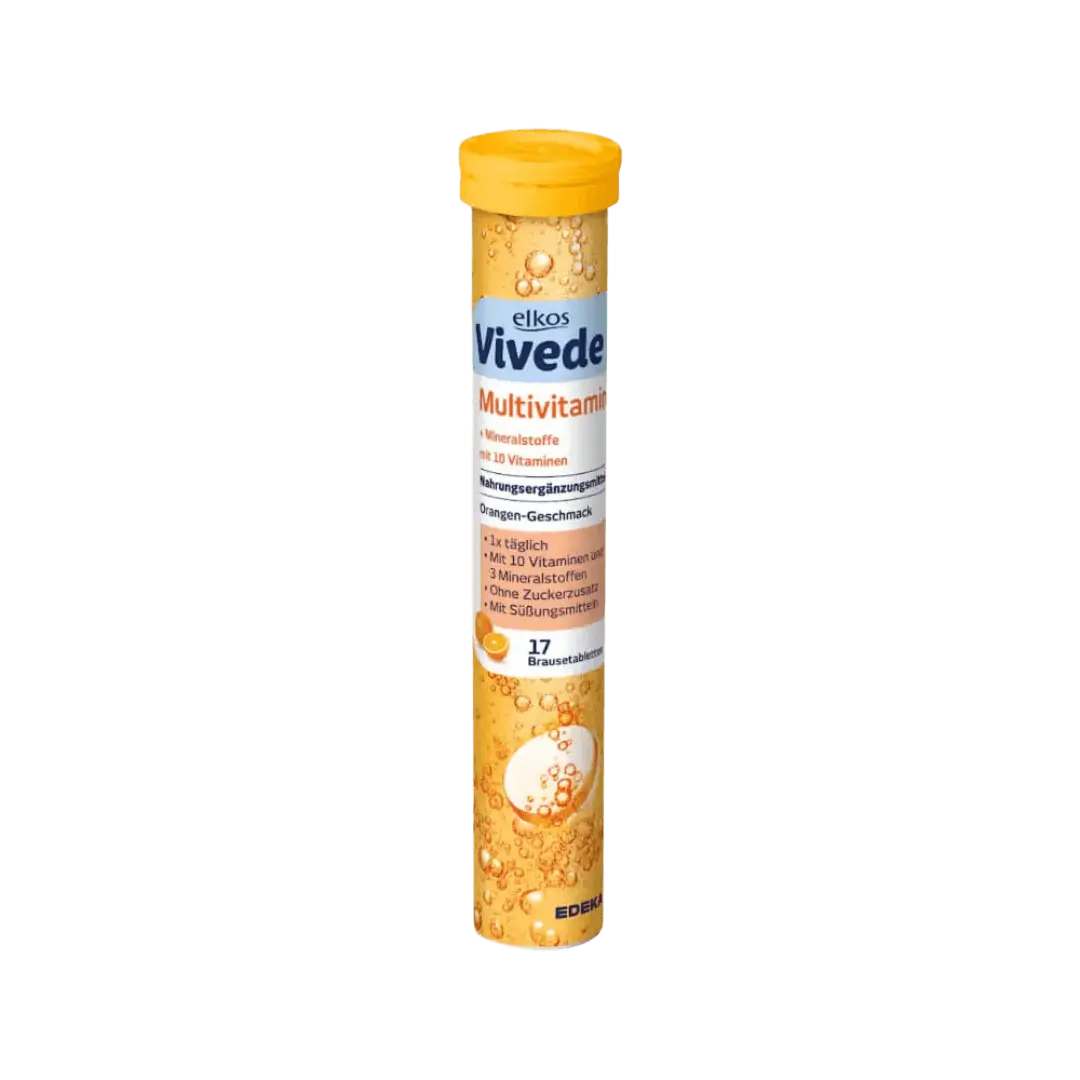 „Elkos Vivede Multivitamin“ – putojančios apelsinų skonio multivitaminų tabletės, 17 tab., pagaminta Vokietijoje.