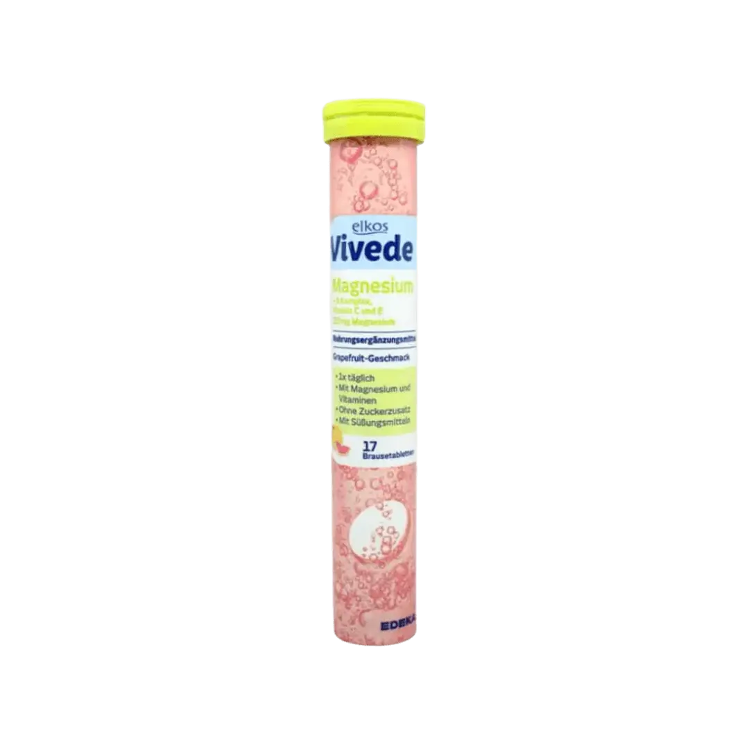 Elkos Vivede Magnesium“ – putojančios greipfrutų skonio magnio tabletės su vitaminu C, E ir B kompleksu, 17 tab., pagaminta Vokietijoje.