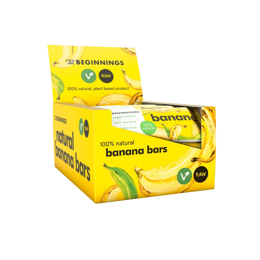 RAW bananų batonėlių su cinamonu dežė, be glitimo, augalinės kilmės, daug skaidulų.