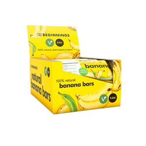 RAW bananų batonėlių su cinamonu dežė, be glitimo, augalinės kilmės, daug skaidulų.