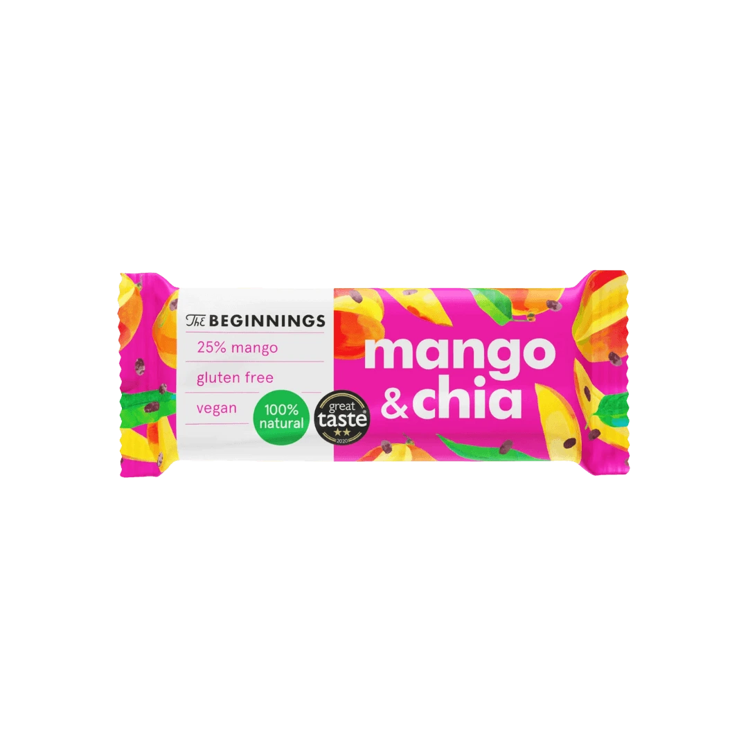 RAW Mango & Chia batonėlis su džiovintais mango, kokosu, avižomis ir chia sėklomis, be glitimo, augalinės kilmės, 40g.