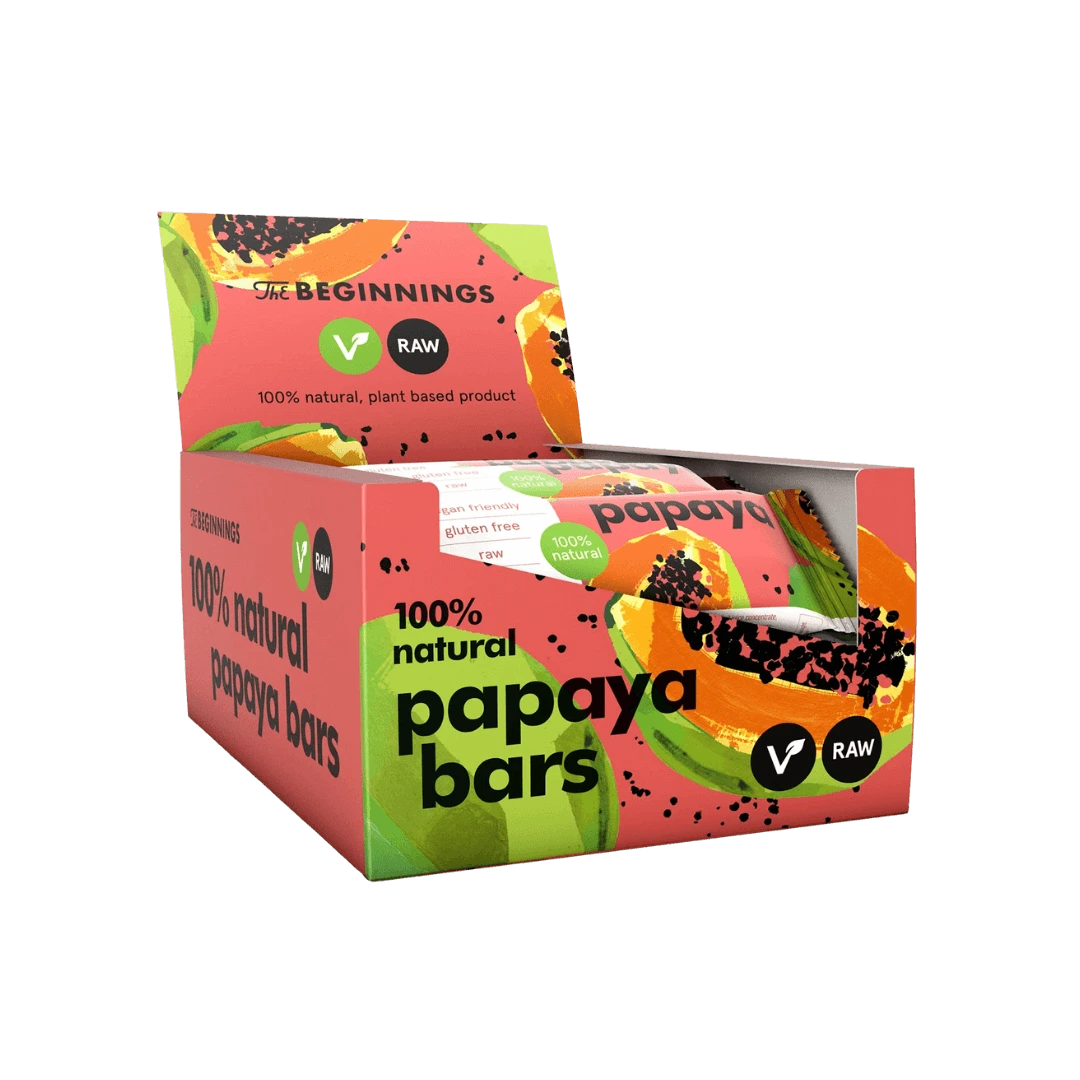 RAW papajos batonėlių dėžė su kokosu, avižomis ir moliūgų sėklomis, be glitimo, augalinės kilmės.