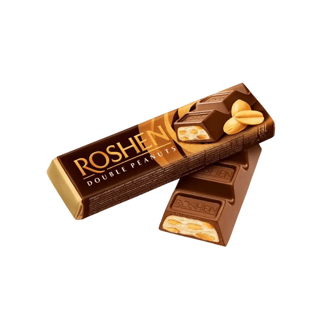 „Roshen Double Peanuts“ pieninio šokolado batonėlis su žemės riešutų kremu, 39 g.