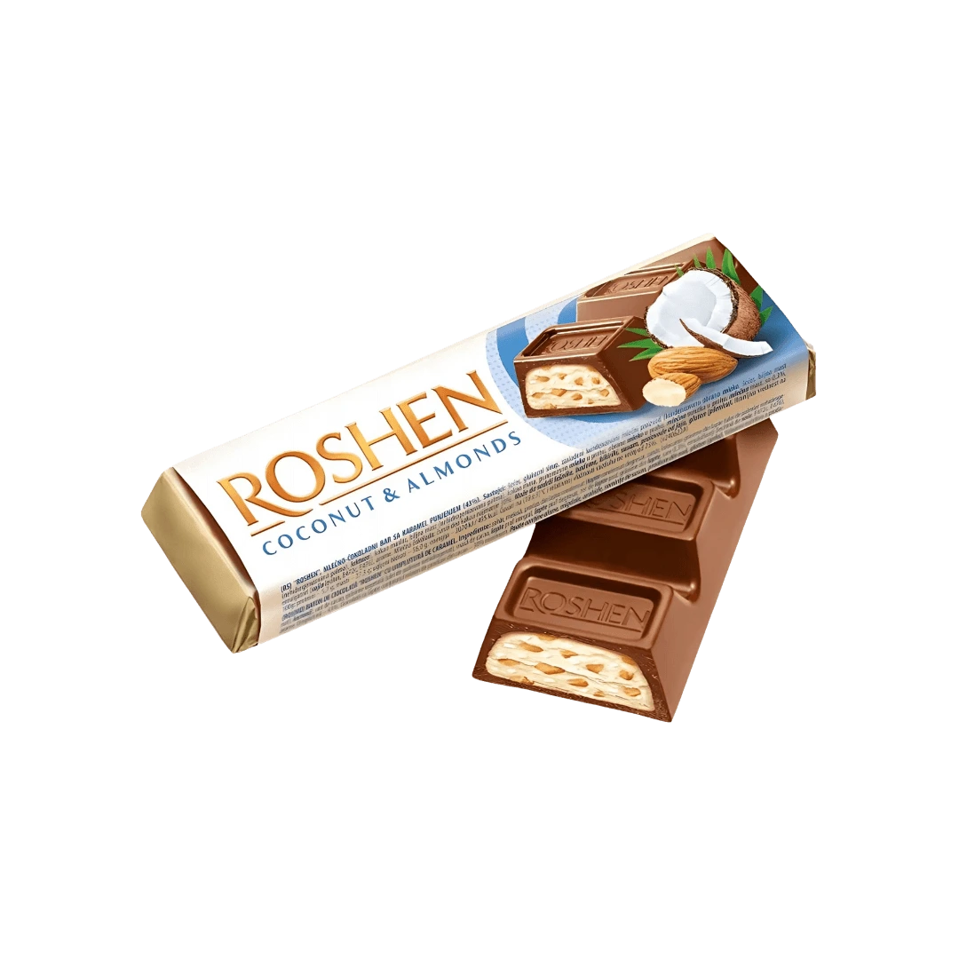 Pieninio šokolado batonėlis su kokosiniu įdaru ir migdolais, ROSHEN, 38 g